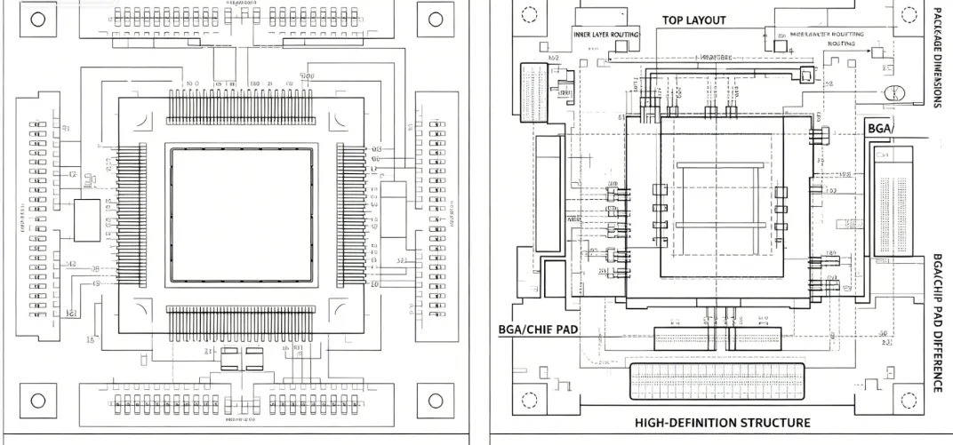 Visual overlay of original and substitute component footprints on PCB layout