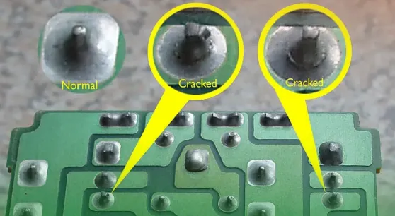 Comparison of a good shiny solder joint and a bad cold joint on a PCB.