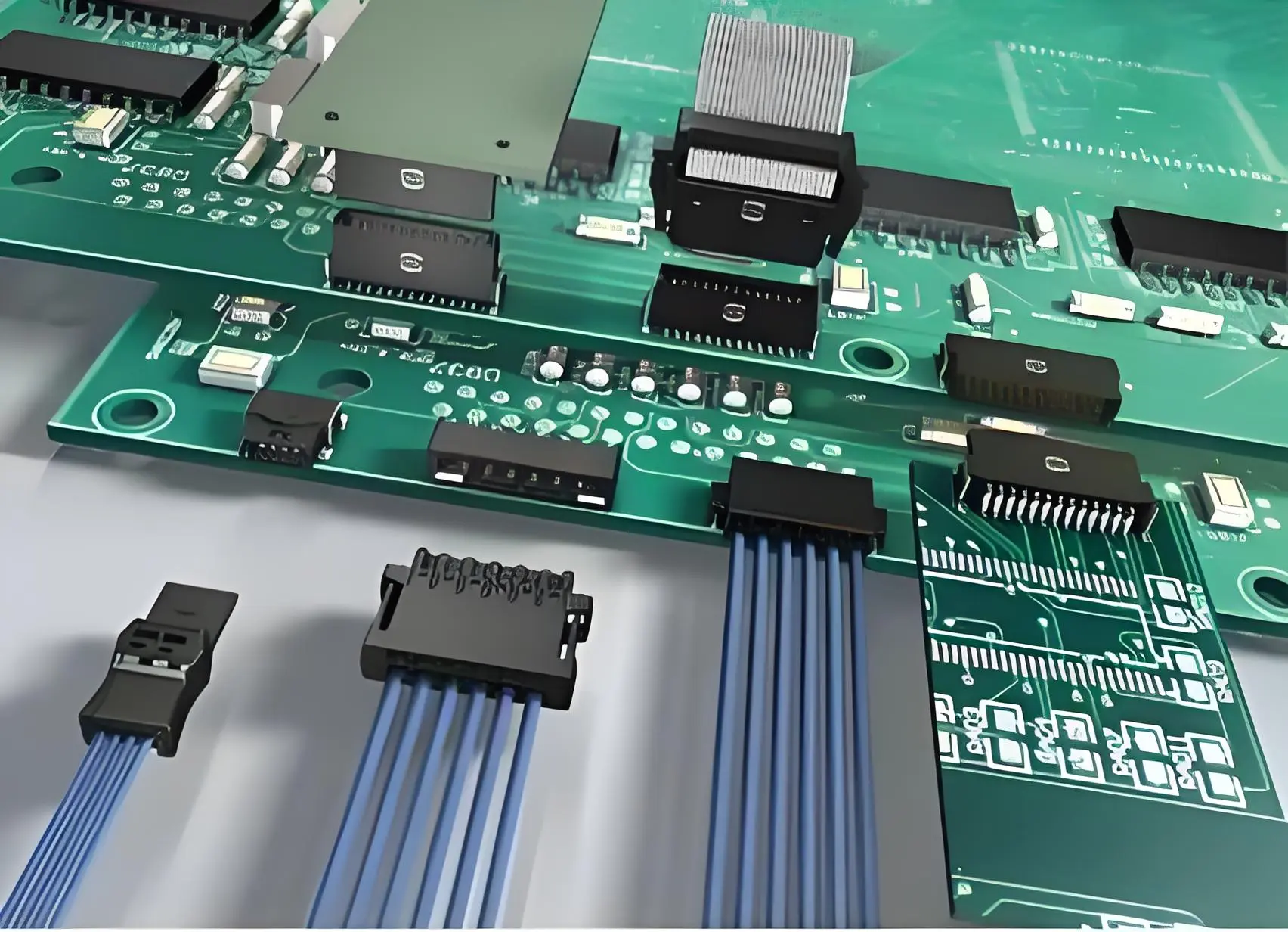 Cross-section of PCB edge connector mating with socket