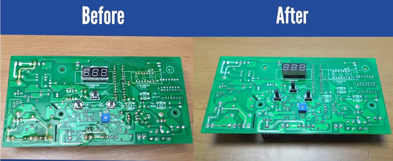 Comparison of contaminated vs. clean PCB for manufacturing excellence.