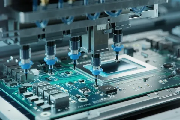 Automated SMT assembly line placing components on an IoT PCB