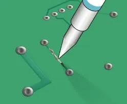 Repaired PCB using conductive ink and jumper wire methods