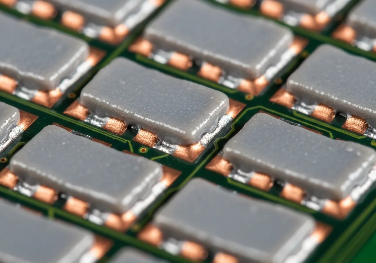 Magnified view of 0201 component pads with precise solder paste application via laser cut stencil.