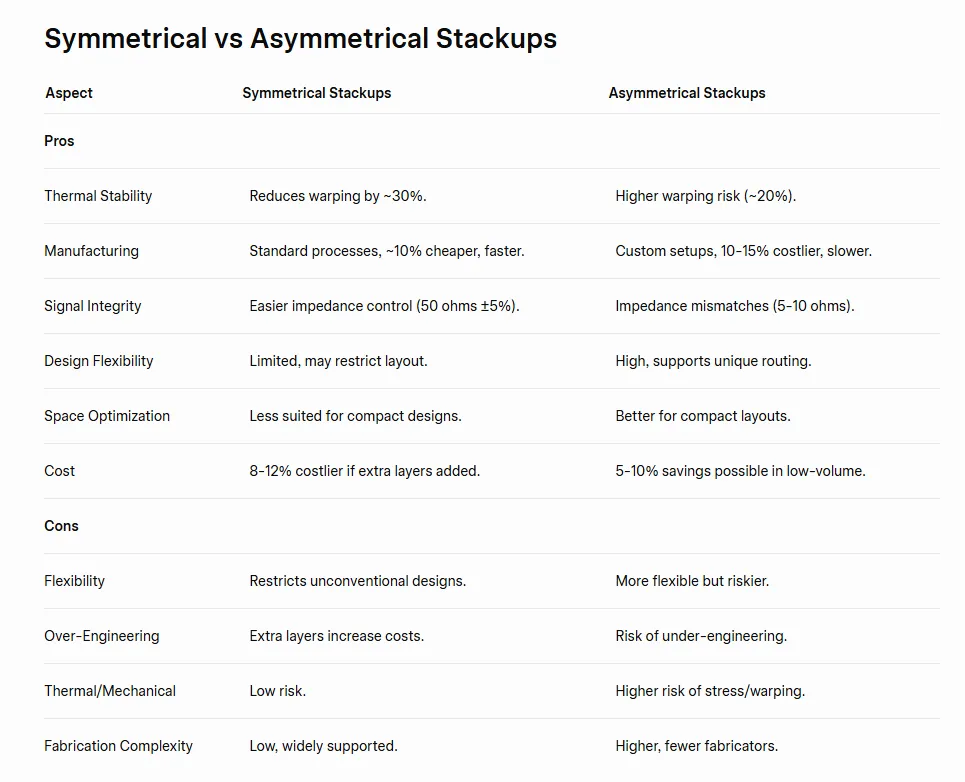 comparing pros and cons of symmetrical vs asymmetrical PCB stackups
