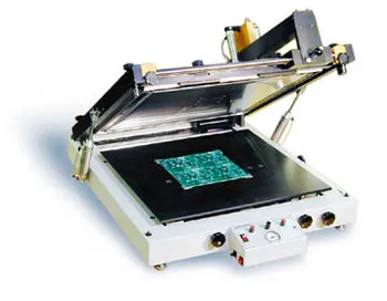 Assembled DIY stencil printer for PCB prototyping with labeled components