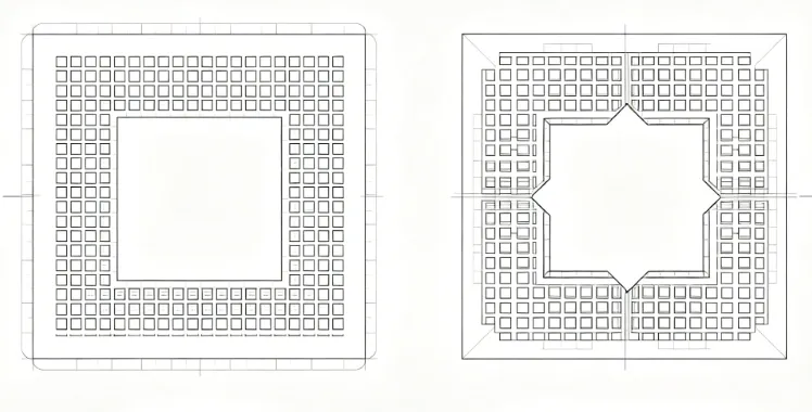 Side-by-side view of standard rectangular and modified home-plate apertures for BGA pads