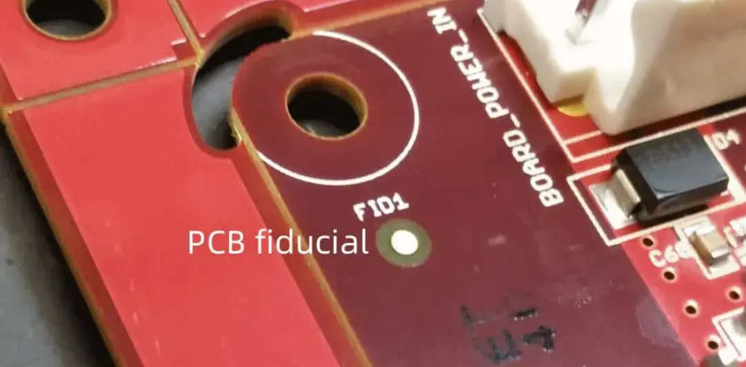 Close-up of a fiducial mark on a PCB panel for SMT assembly precision