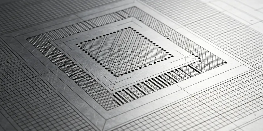 Stencil showing window-pane or cross-hatch aperture patterns for QFN thermal pads