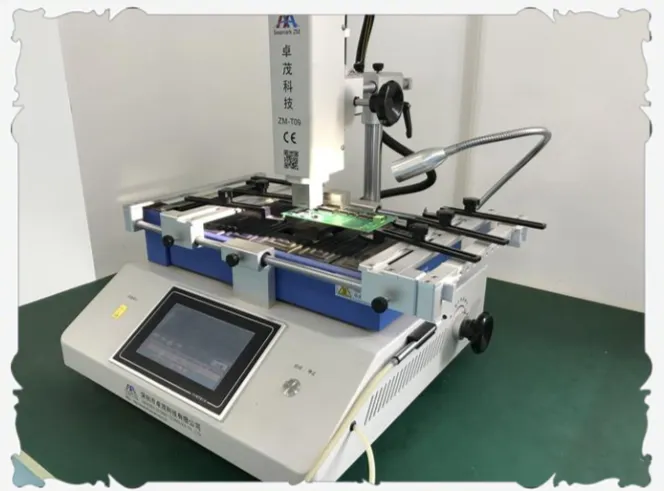 BGA rework station applying hot air during component removal