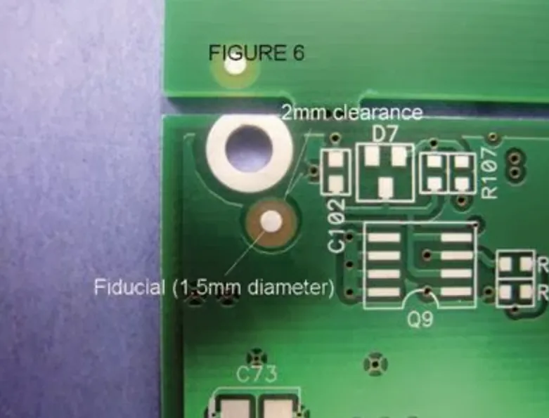 Diagram showing fiducial mark size and clearance area for PCB assembly.