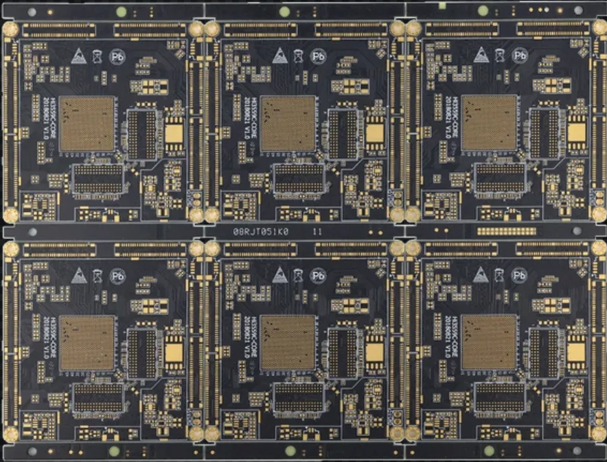 "Cross-section of an HDI PCB showing microvias and fine traces for high-density design."