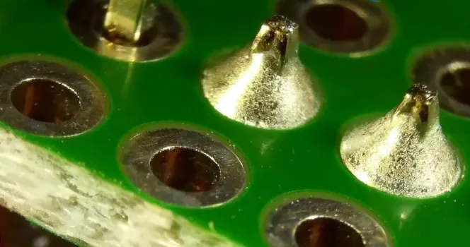 Close-up of lead-free solder joints on a sustainable PCB.