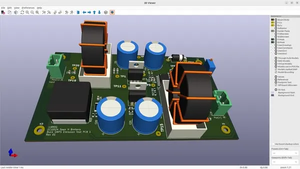 3D view of embedded component layout in PCB design software.