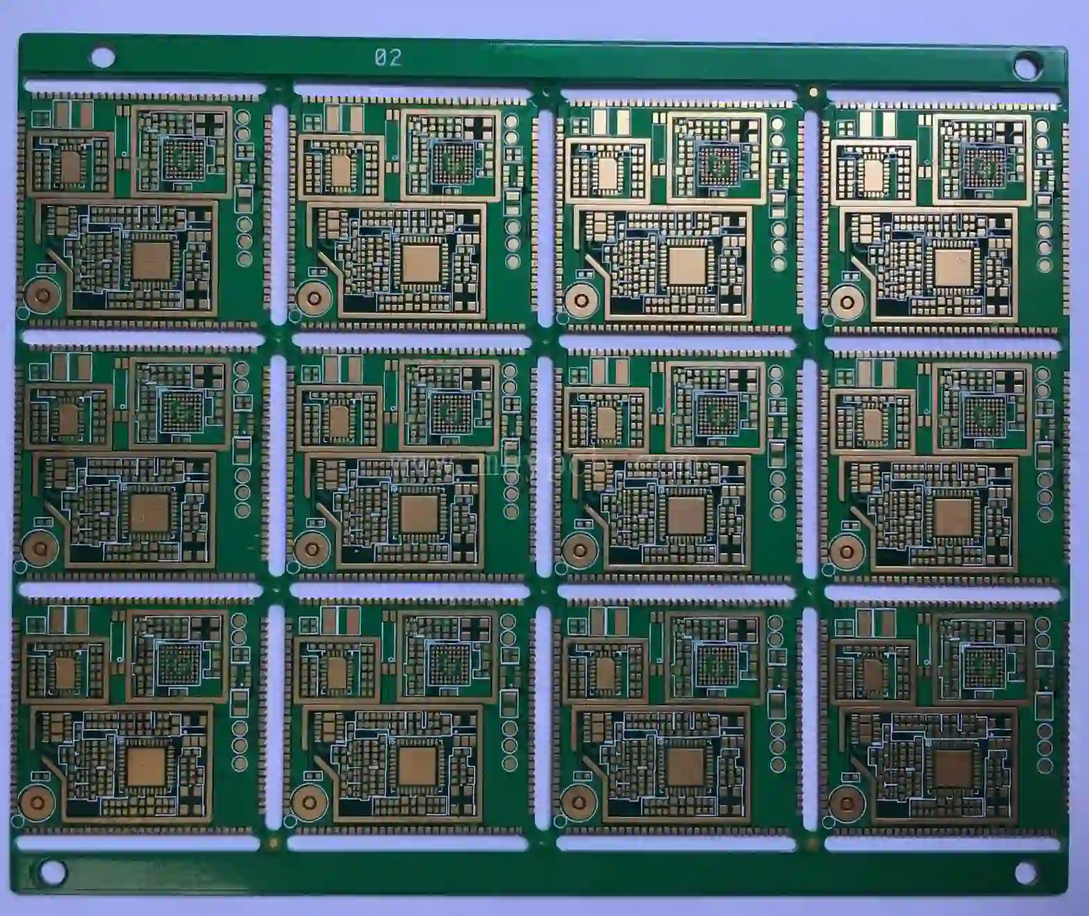 PCB panel before depaneling showing multiple circuit boards