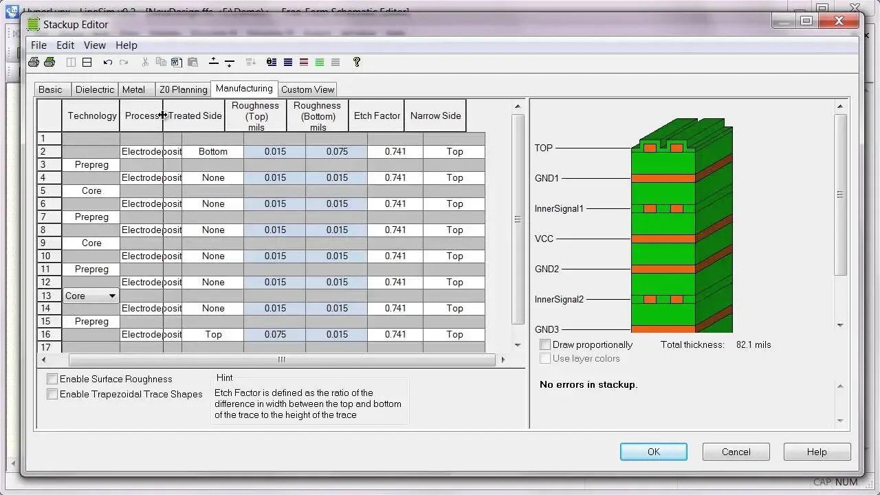 Completed PCB stackup design displayed in planning software