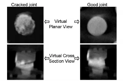 X-ray comparison of defective vs. defect-free solder joint in electronics