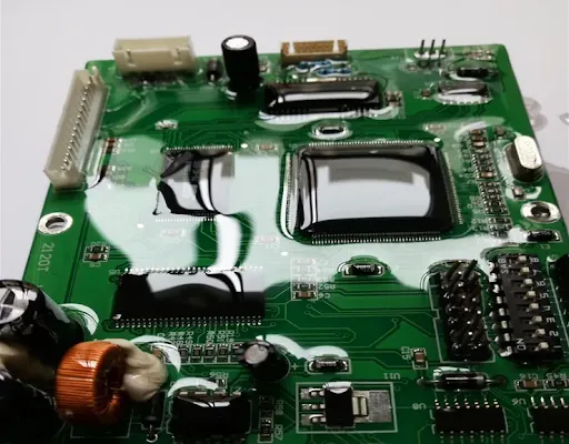 Power PCB with safety features like clearance distances and conformal coating.