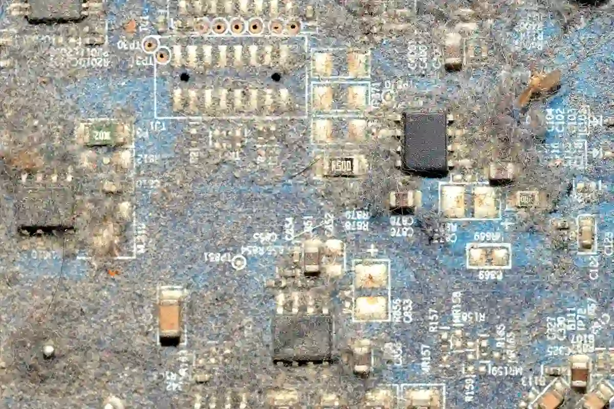 PCB showing dust and moisture damage leading to potential failure