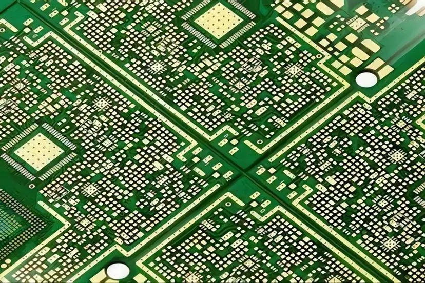 Cross-section of HDI PCB showing microvias and fine traces for edge computing.