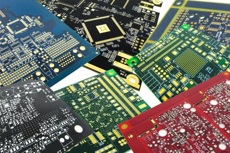 PCBs with various solder mask colors including green, blue, and red for comparison.