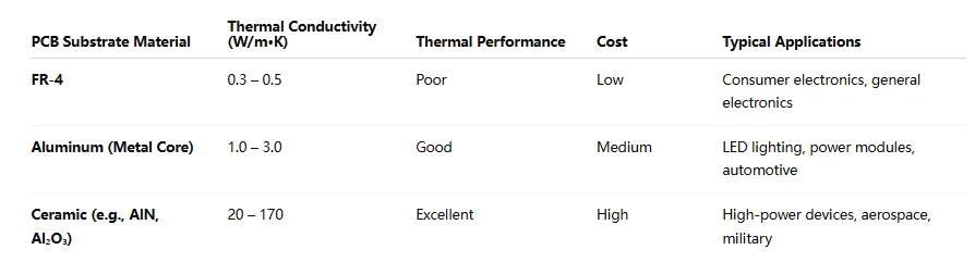 Comparison chart of thermal conductivity for FR-4, aluminum, and ceramic PCB substrates