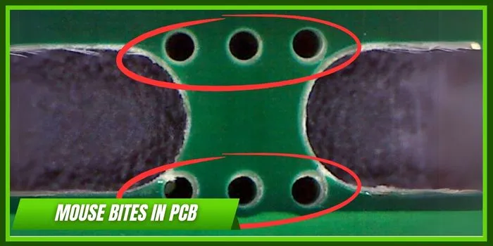 Close-up of mouse bites on PCB breakaway tabs for easy separation.