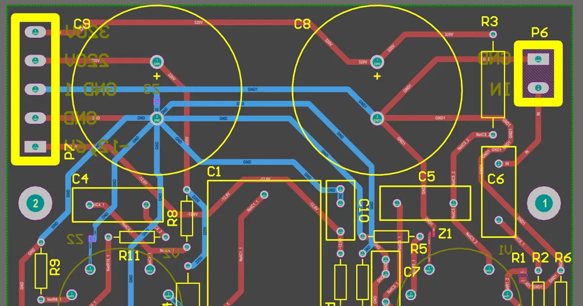 PCB layout showing separation of analog and digital ground planes for noise reduction