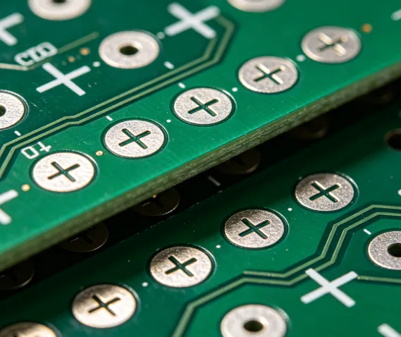 Close-up view of top and bottom silkscreen registration marks on a PCB