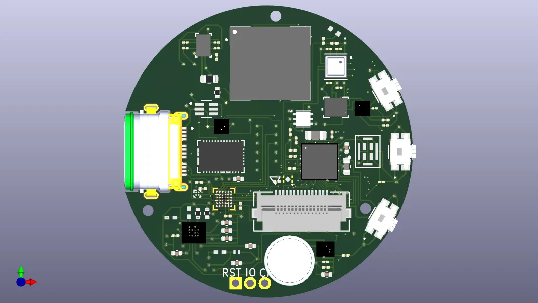 Circular non-rectangular PCB design for a smartwatch.