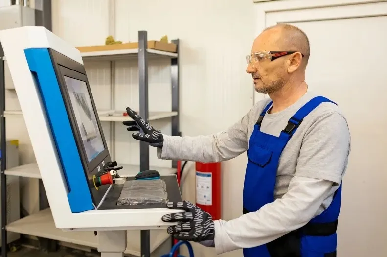Operator in protective gear ensuring laser drilling safety for PCB production.