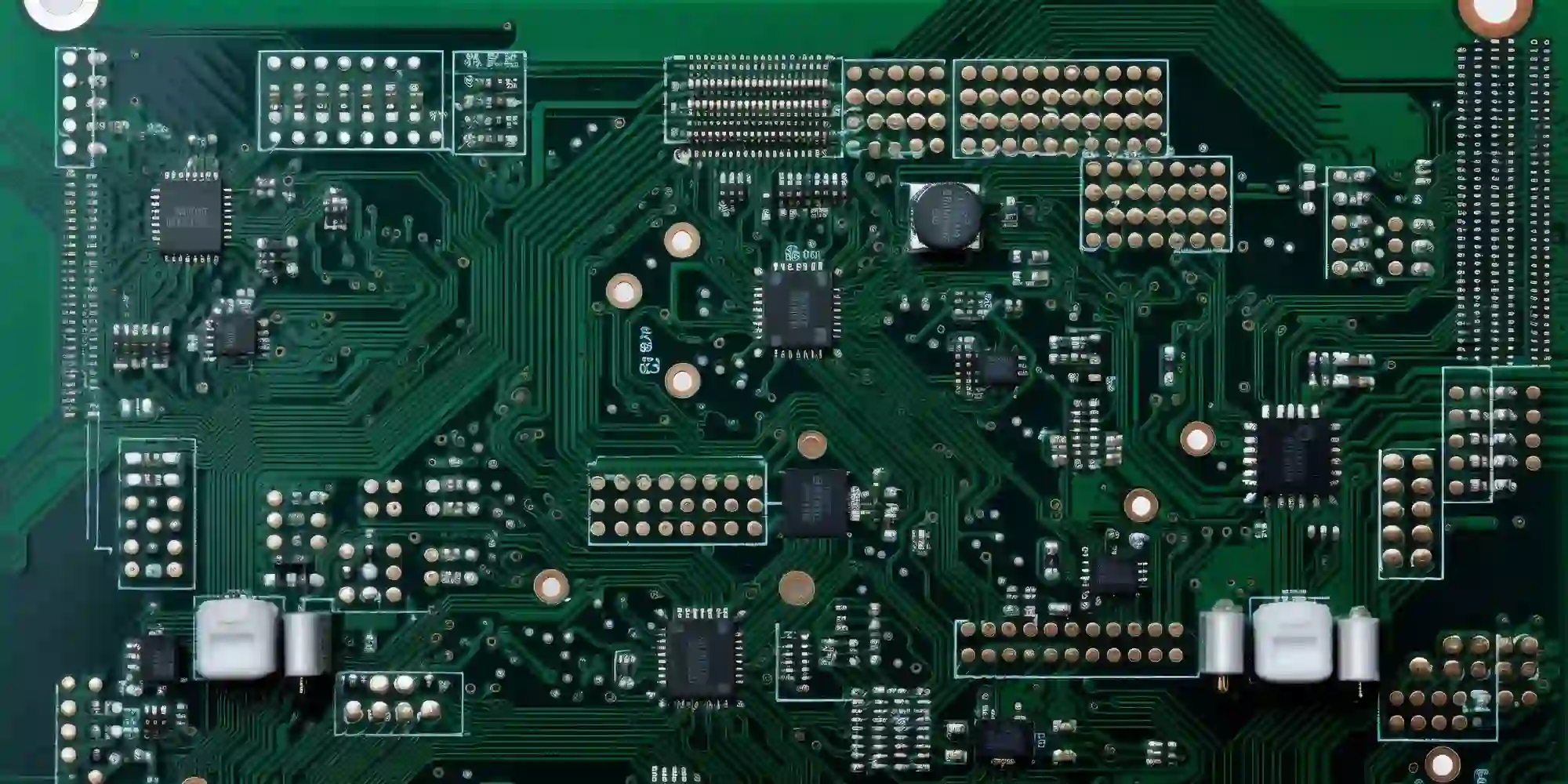Close-up of a PCB with green solder mask for protection and insulation