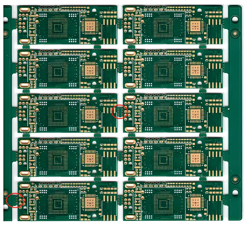 PCB panel with breakaway tabs for manufacturing and depaneling.