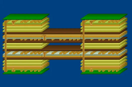 Cross-section of a rigid-flex PCB showing rigid and flexible layers