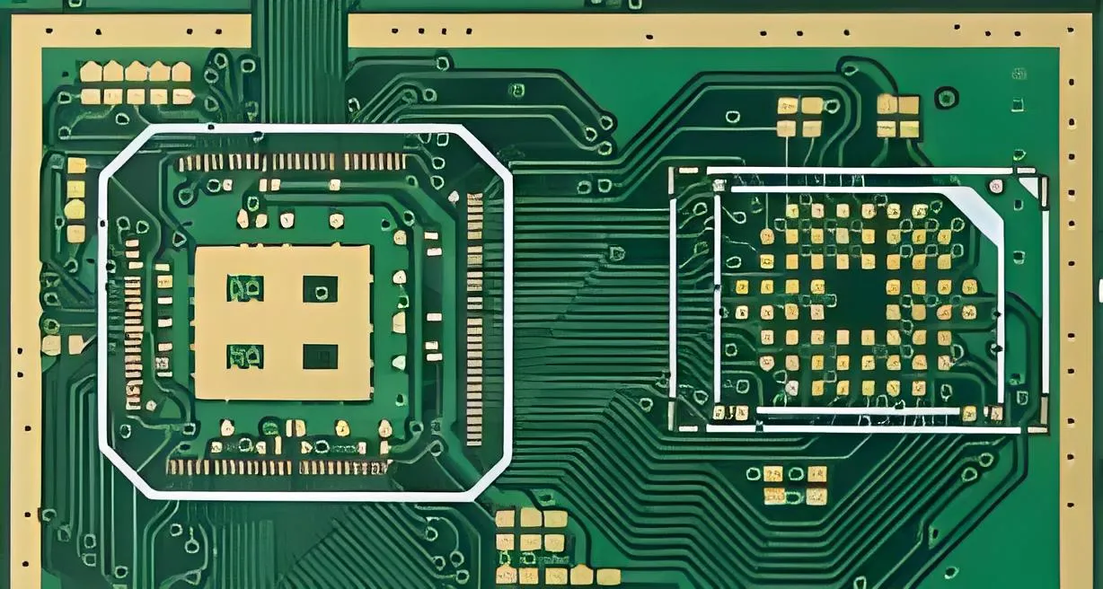 Complex PCB layout with dense trace routing for high-speed design.