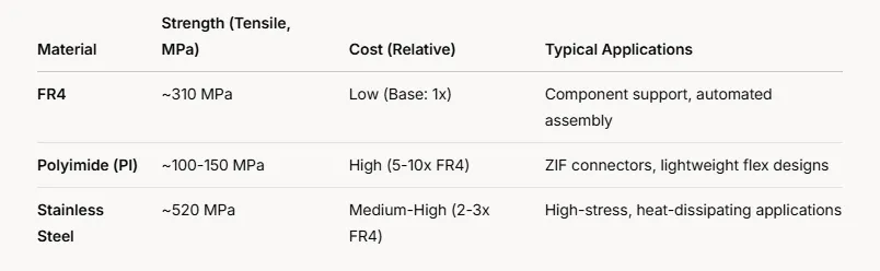 comparing FR4, polyimide, and metal stiffeners
