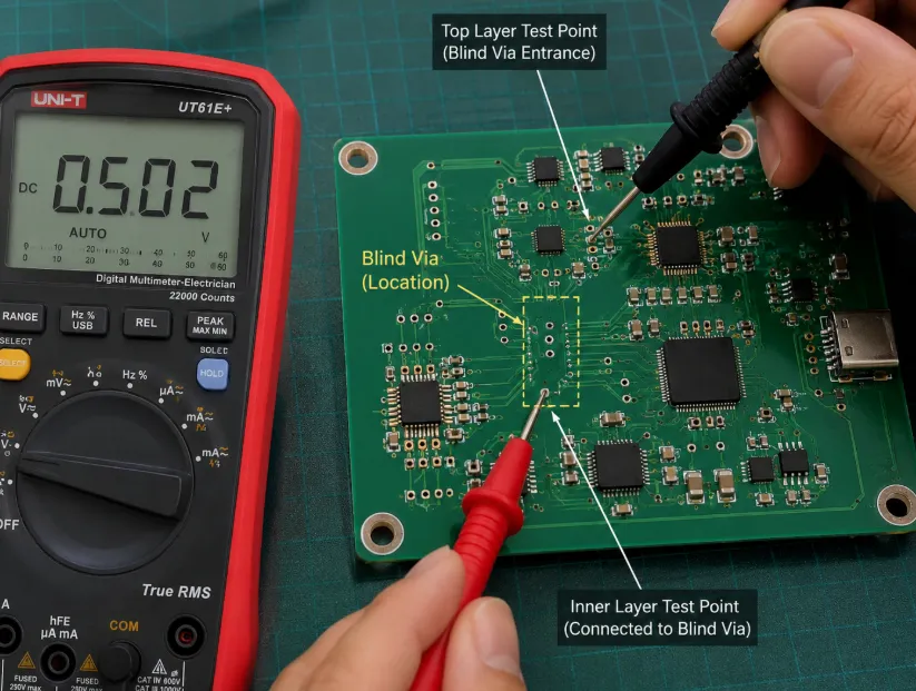 Multimeter probing blind via on home PCB prototype')