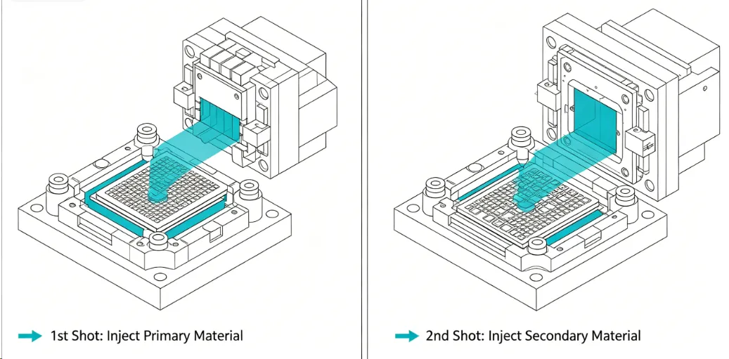 Diagram showing first and second shot injection steps for MID PCB formation