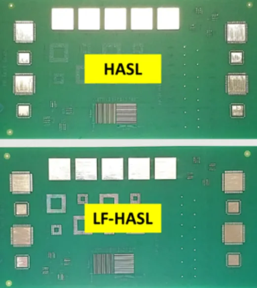 Comparison of leaded and lead-free HASL finishes on PCB surfaces.
