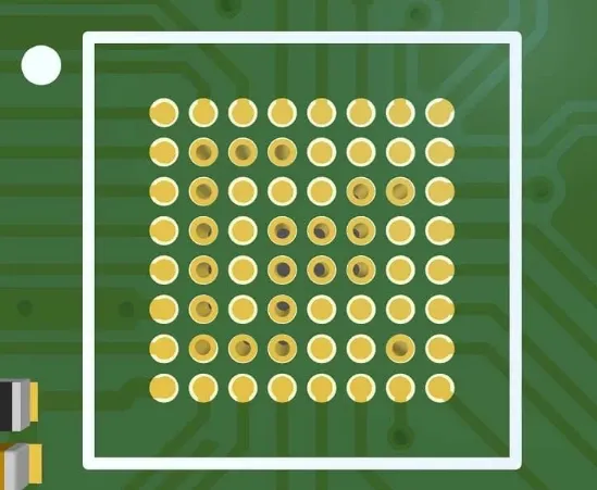 Cross-section of PCB showing via-in-pad under BGA for space optimization.