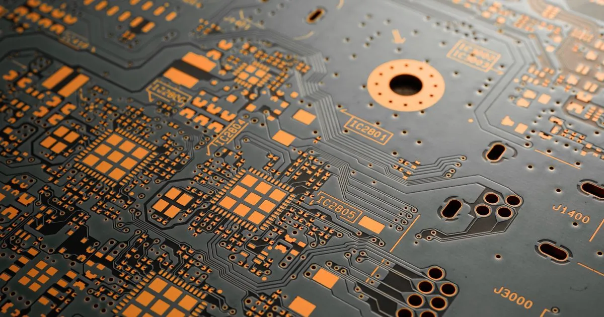 High-density mixed-signal PCB with stitching vias for EMI reduction.