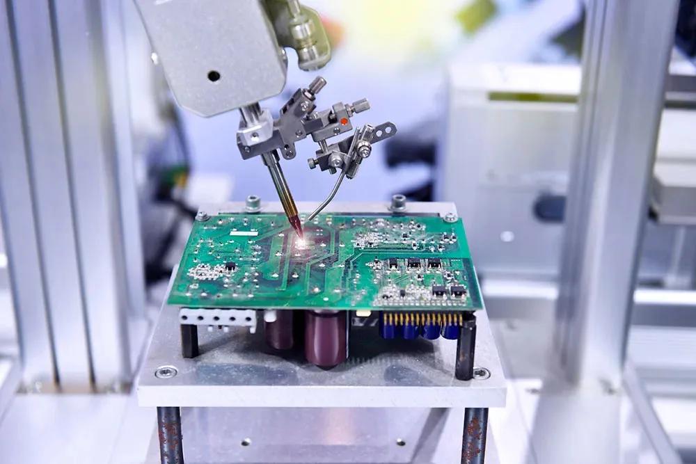 Laser drilling equipment creating micro-vias on a high-density PCB.