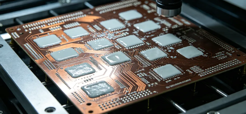 AOI camera scanning solder paste deposits on a printed circuit board