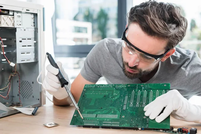 Engineer designing an HDI PCB for defense applications using CAD software