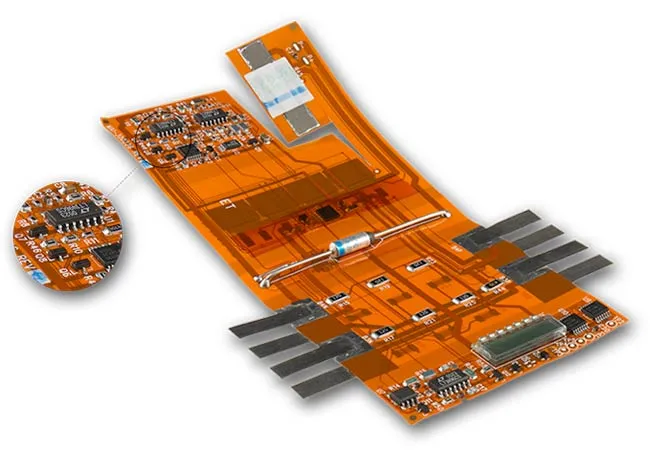 Close-up view of a flexible double-sided PCB showcasing conductive traces