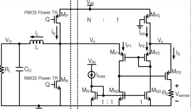 "Circuit diagram of a current sense resistor in a power management system."
