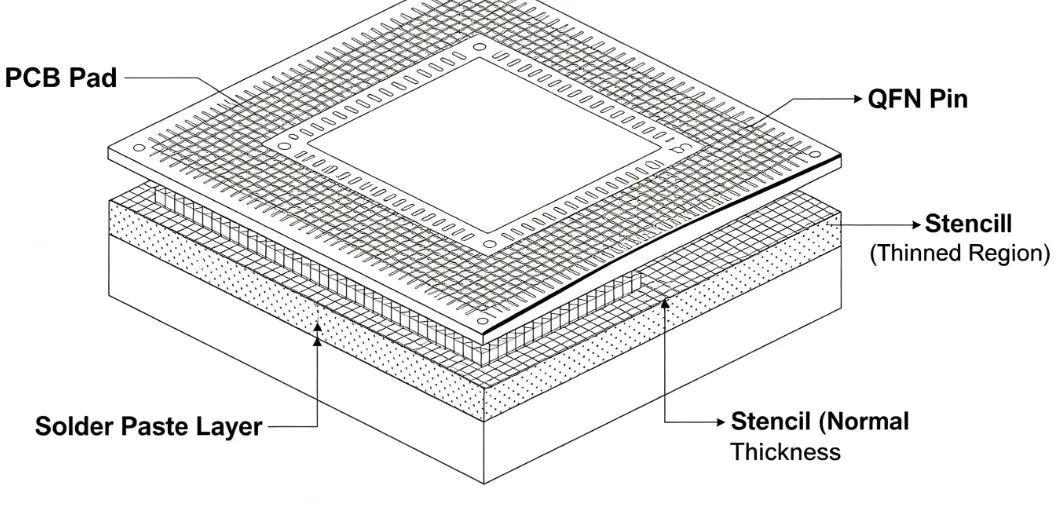 Cross-sectional diagram showing reduced thickness in a stencil over QFN pads