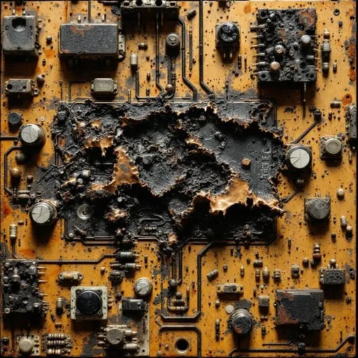 Damaged PCB showing burnt components and cracks for failure analysis.