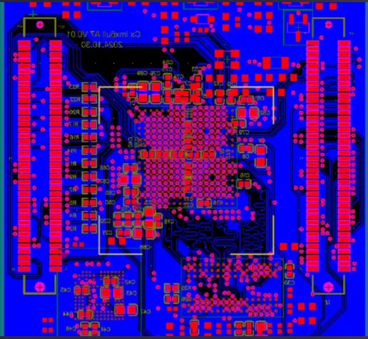 X-ray image of a PCB showing overlapping layers and interpretation challenges.