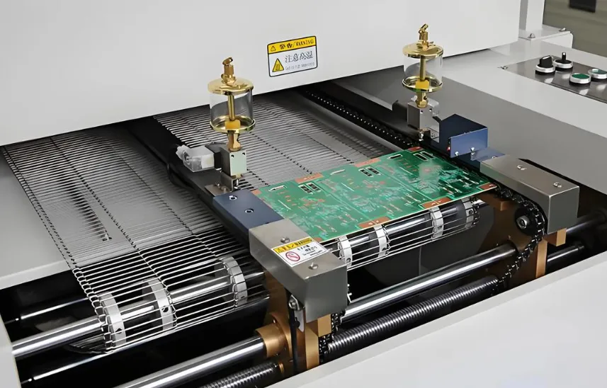 PCB inside a reflow oven during custom reflow profile soldering