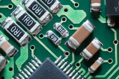 Close-up of a high-precision thin film resistor on a circuit board